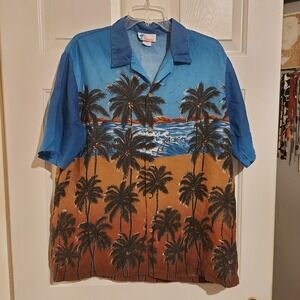 Islander Mens Vintage XL Hawaiian Shirt Blue Orange Tropical Beach Scene 3576